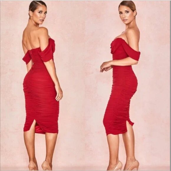 House of CB Carlotta Wine Ruched Draped Chiffon Dress - Picture 2 of 8